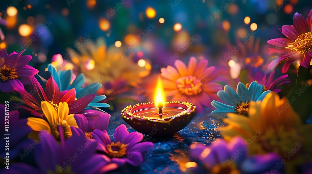 Wall mural Illuminated Diwali diya amidst vibrant colorful flowers