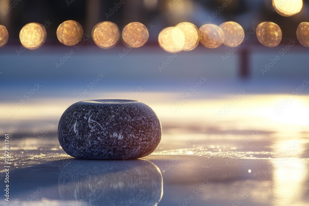 Poster a curling stone rests on an ice rink, illuminated by blurred lights in the background.
