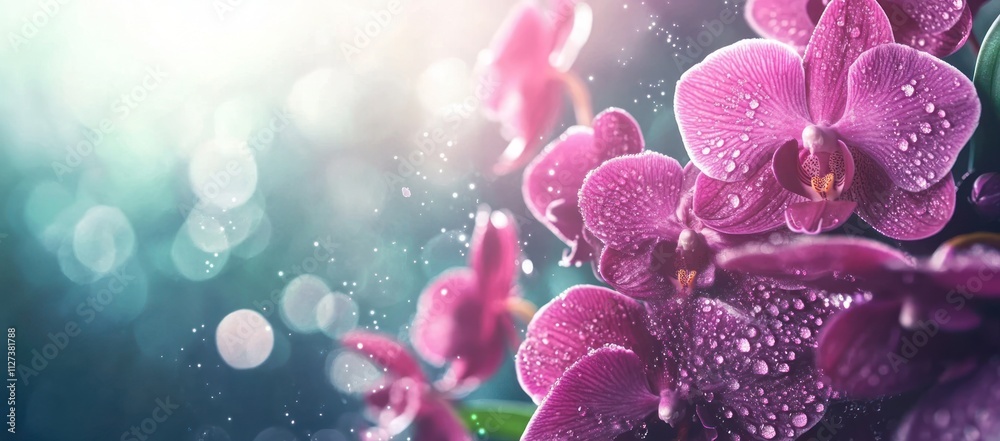 Poster a close-up of vibrant purple orchids with water droplets, creating a serene atmosphere.