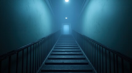 Fototapeta premium A dimly lit staircase leads into a mysterious foggy corridor, illuminated by a solitary light, evoking a sense of intrigue and suspense.