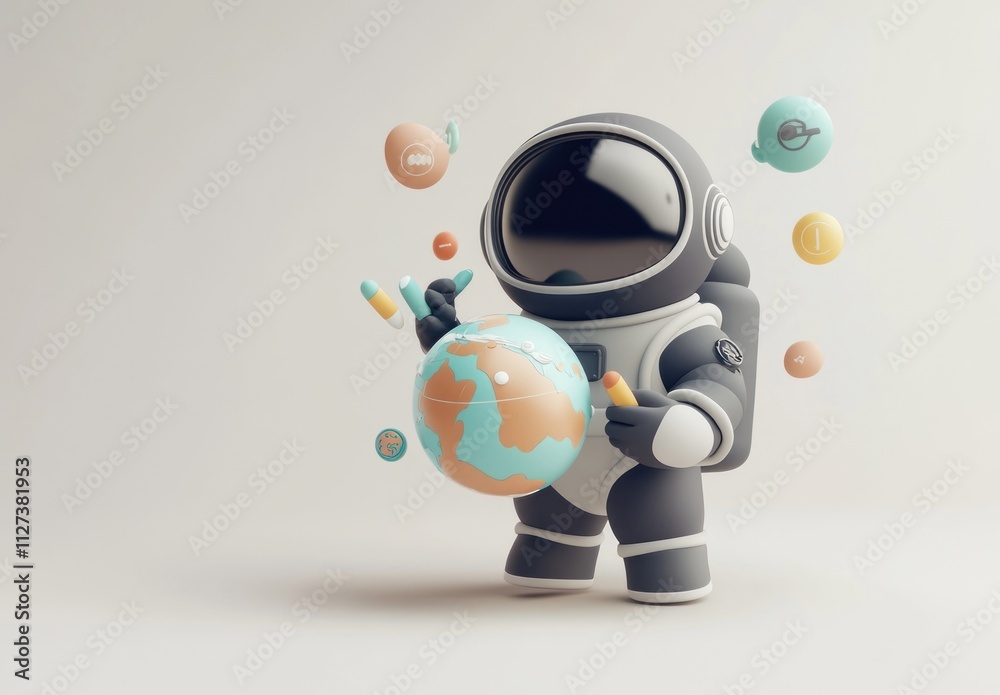 Poster a cute astronaut holding a globe surrounded by colorful orbs, symbolizing exploration and knowledge.