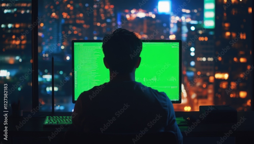 Poster A person working on a computer with green code displayed, overlooking a city skyline at night.