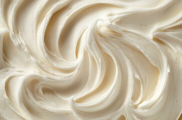 A close-up of creamy white frosting swirls, symbolizing the luscious texture and creamy nature of natural cream cheese spread. 