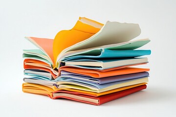 A stack of open books with colorful covers, isolated on a white background. The top book is slightly opened, and the pages appear to be turning or being turned by an invisible force