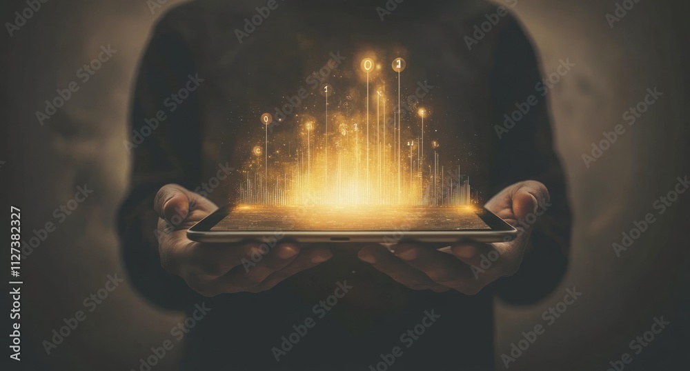 Poster a person holding a tablet emitting glowing data visualizations.
