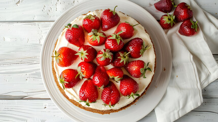 Delicious strawberry cheesecake on white plate.