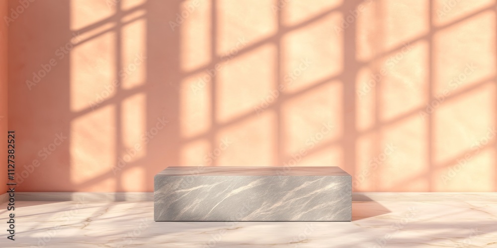 Aufkleber a minimalist scene featuring a stone block against a textured pink wall with shadow patterns.