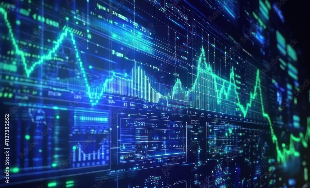 Poster Abstract digital representation of data trends and analytics in a vibrant, tech-inspired design.