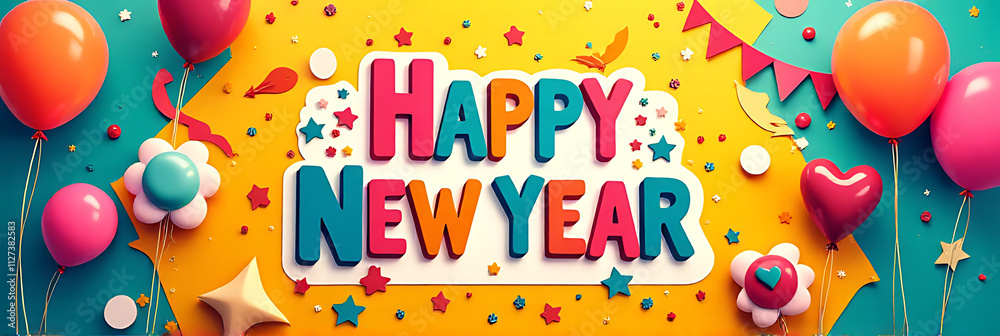 Poster colorful celebration props feature a vibrant happy new year message surrounded by anniversary concep