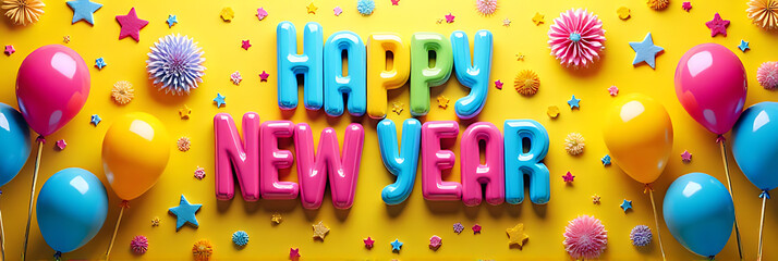 Colorful celebration props feature a vibrant Happy New Year message surrounded by anniversary concepts on a bright and playful design background._00003_