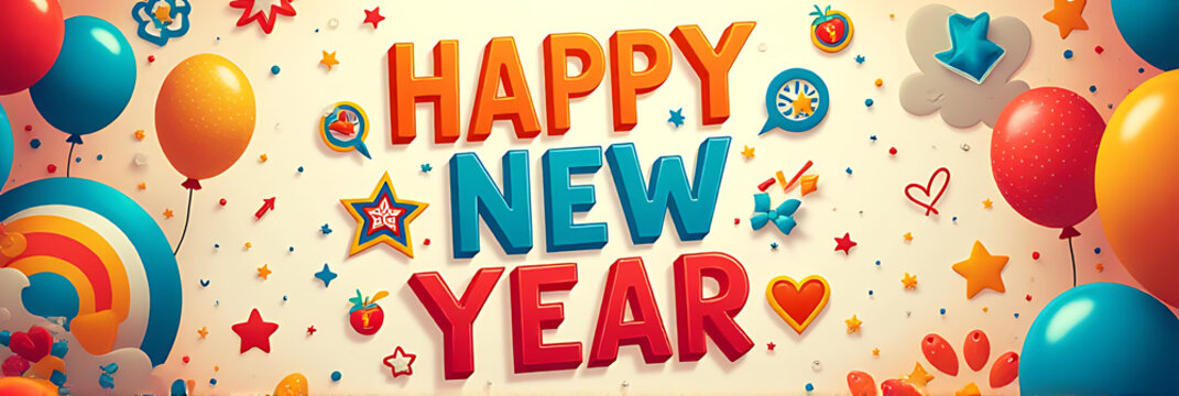 Colorful celebration props feature a vibrant Happy New Year message surrounded by anniversary concepts on a bright and playful design background._00002_