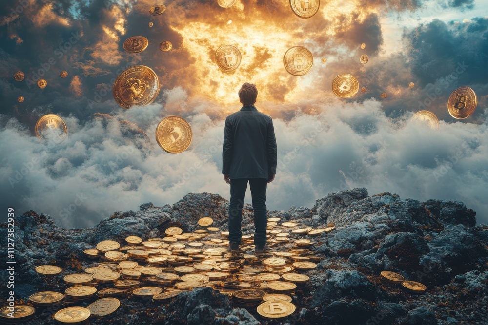 Poster surreal financial storytelling featuring a man standing amidst floating bitcoin tokens in a sleek de