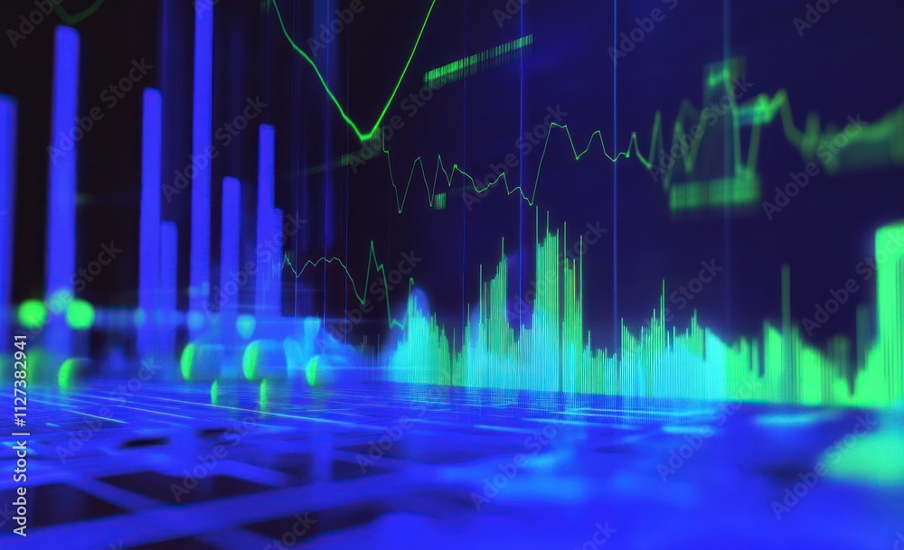 Aufkleber Abstract digital visualization of data trends and analytics in blue and green hues.