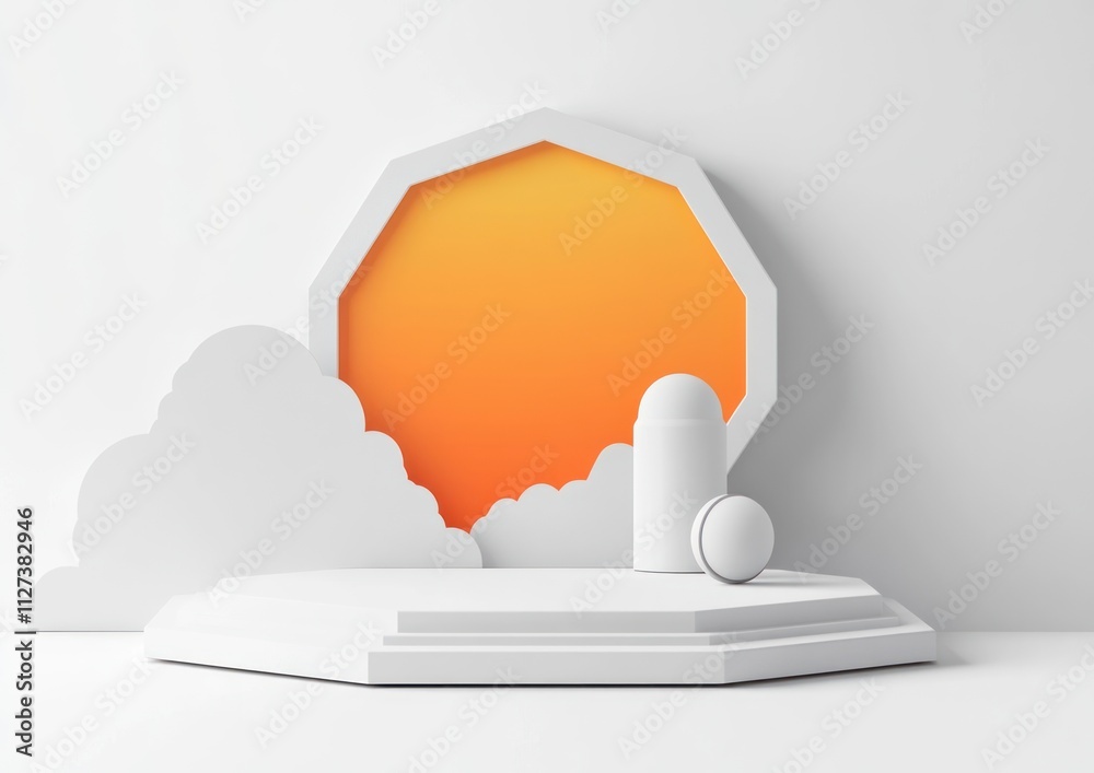 Poster Abstract scene with geometric shapes and a gradient sunset background.