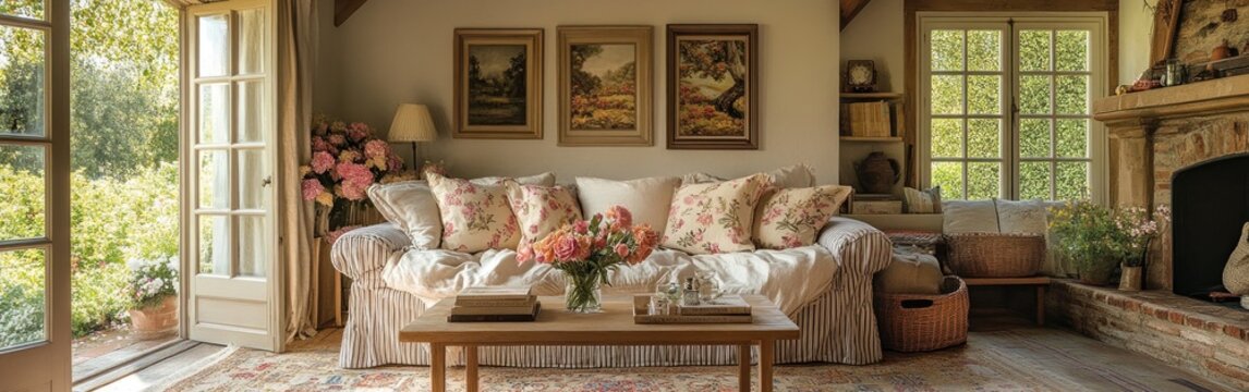 Comfortable living room showcases floral and striped cushions, with large windows inviting sunlight and garden views