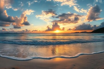 Fototapeta premium Beautiful beach sunset with clouds and sea waves in the background.