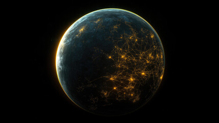 Generative AI illustration of glowing planet with yellow network connecting cities on black background