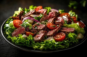 Grilled beef salad with lettuce, tomatoes, and red onion on a dark background