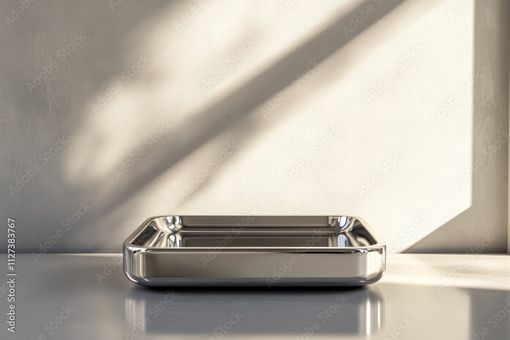 Poster a reflective metal tray on a smooth surface with soft shadows and natural light.