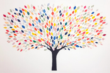 A tree made of many leaves is painted on a white background