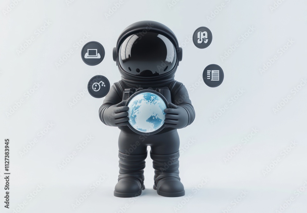 Poster a stylized astronaut holding a globe with icons representing technology and information.