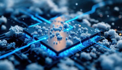 Futuristic Quantum Chip With Blue Circuits and Intricate Snowy Details