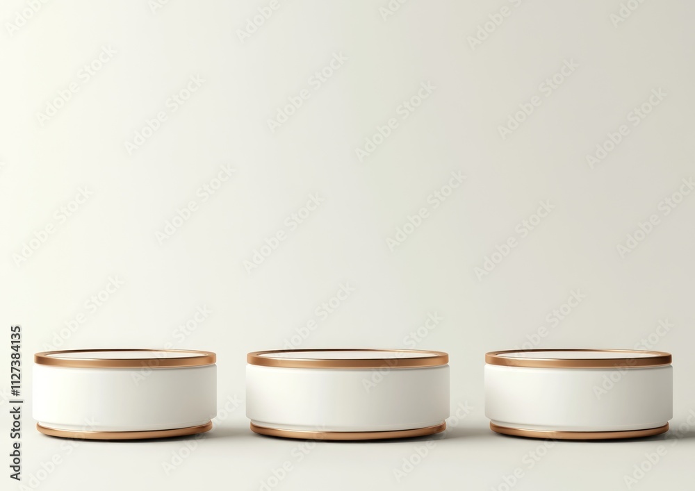 Poster three minimalistic white containers with wooden lids arranged on a neutral background.