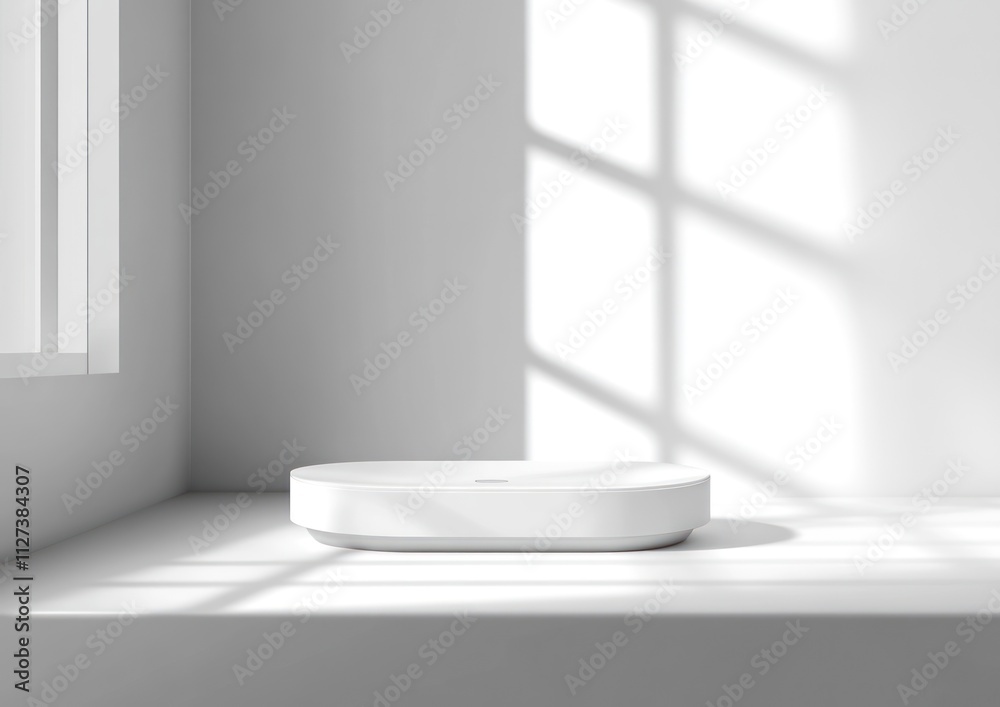 Poster a minimalist white object on a surface, illuminated by sunlight through a window.