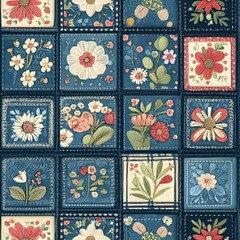 Seamless embroidered navy floral pattern