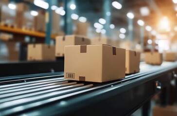Close-up of cardboard boxes on a conveyor belt in a warehouse for a drop-shipping concept.