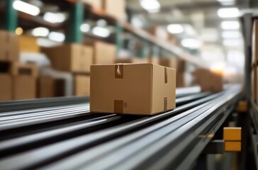 Close-up of cardboard boxes on a conveyor belt in a warehouse for a drop-shipping concept.