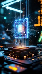 Futuristic Quantum Chip with Glowing Circuitry in a Technology Hub