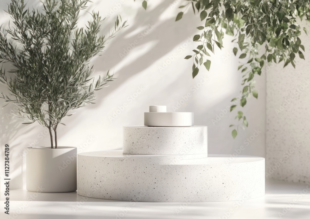 Poster minimalist display featuring circular platforms and greenery for aesthetic appeal.