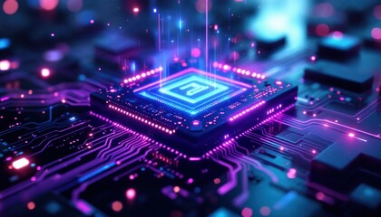 Fototapeta premium Futuristic Quantum Computing Chip on an Illuminated Circuit Board