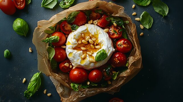 Caprese salad with cherry tomatoes, mozzarella cheese and pine nuts on black table