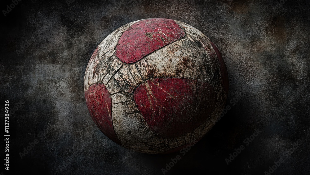 Poster a worn soccer ball resting on a textured surface, showcasing its weathered appearance.