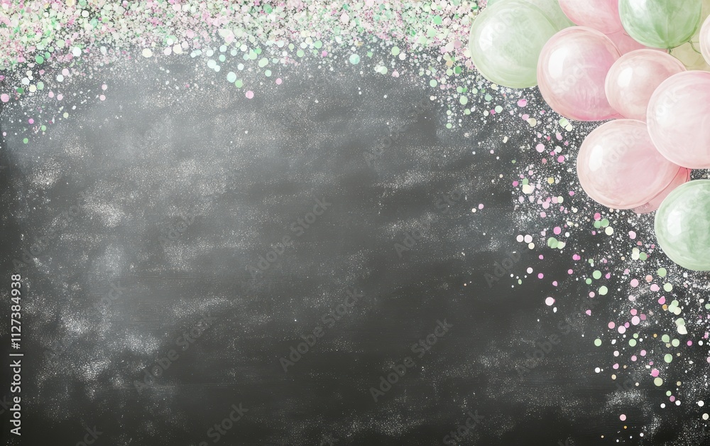 Poster a festive background featuring balloons and confetti on a chalkboard surface.