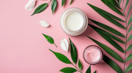 Natural skincare products on pink background with greenery