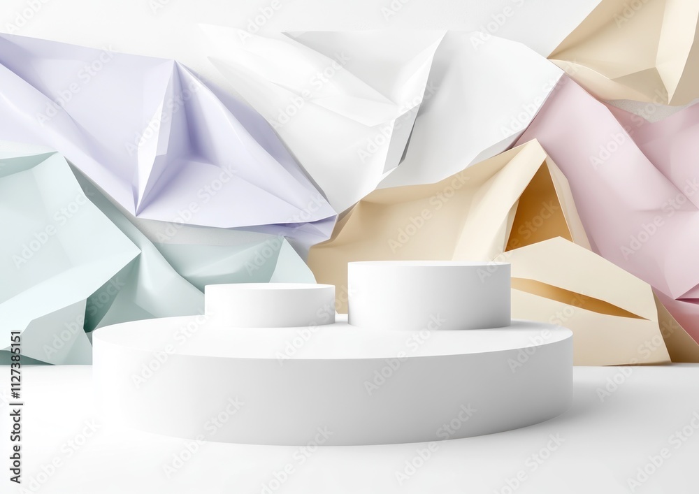 Poster Abstract display with circular platforms against a colorful crumpled paper backdrop.