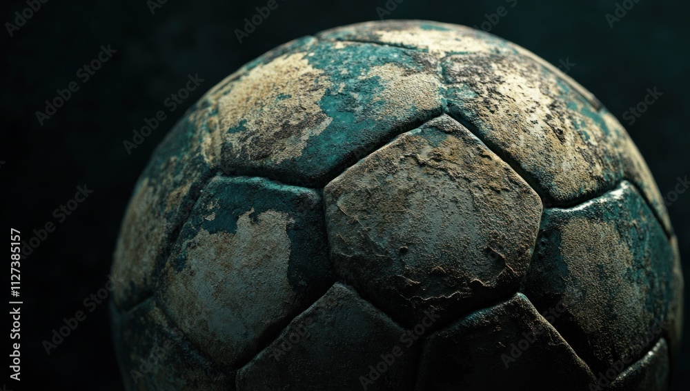 Poster A close-up of a worn and weathered soccer ball, showcasing its textured surface and hexagonal pattern.