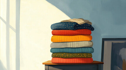 Generative AI illustration of stack of folded sweaters placed on table against wall in daylight