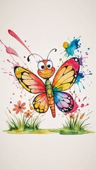 Fototapeta premium Colorful illustration of a smiling butterfly with vibrant splashes and flowers