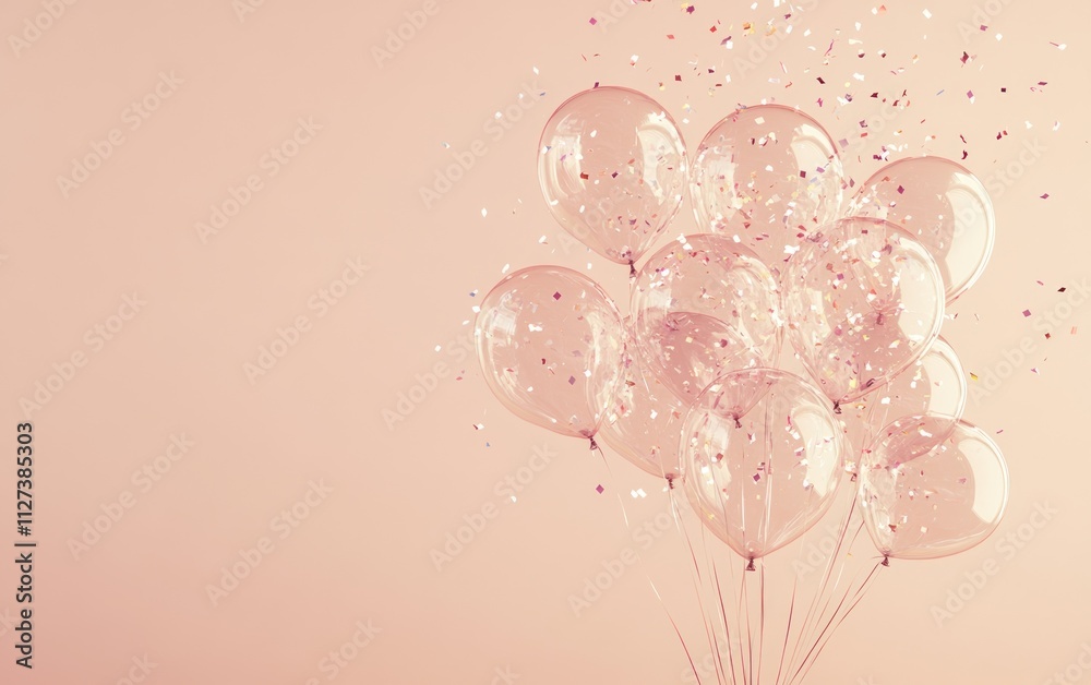 Poster a cluster of transparent balloons filled with confetti against a soft pink background.
