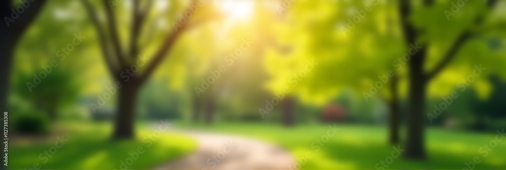 Poster Blurred bokeh of trees in a lush morning garden with greenery and vibrant colors of spring or summer seasons._00001_
