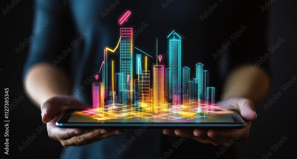 Poster A person holds a tablet displaying a colorful, futuristic cityscape with data visualizations.