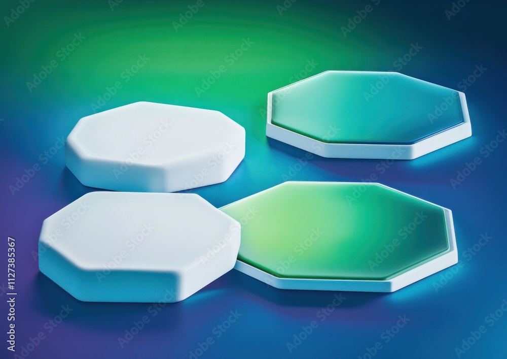 Poster Four hexagonal objects with gradient surfaces on a colorful background.