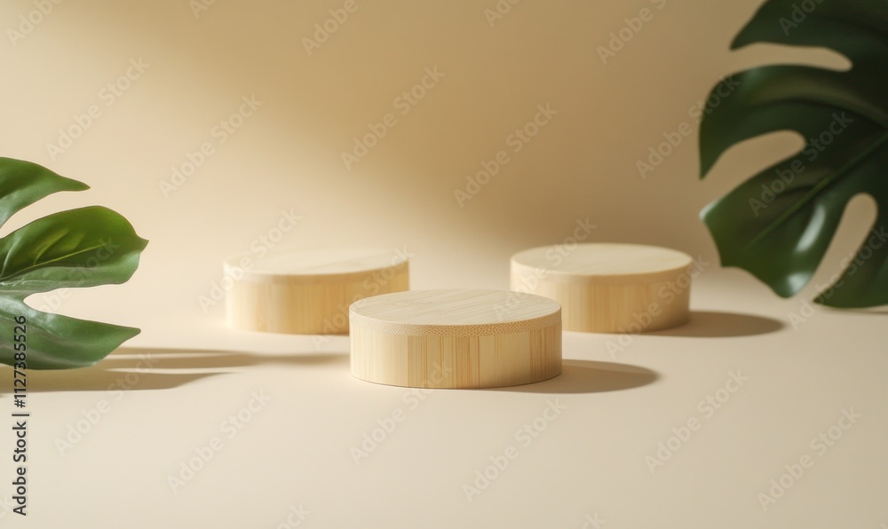 Aufkleber three wooden circular platforms on a soft background with green leaves.