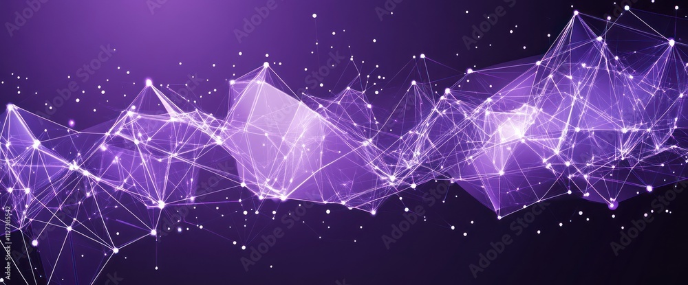 Poster Abstract digital design with interconnected lines and dots in purple tones.