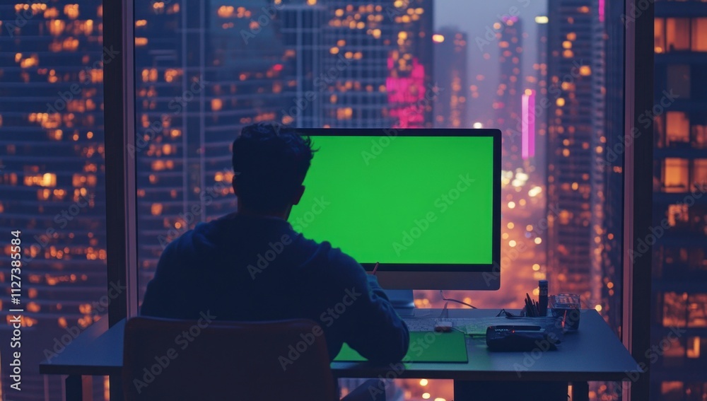 Aufkleber a person sits at a desk with a green screen computer, overlooking a city skyline at dusk.