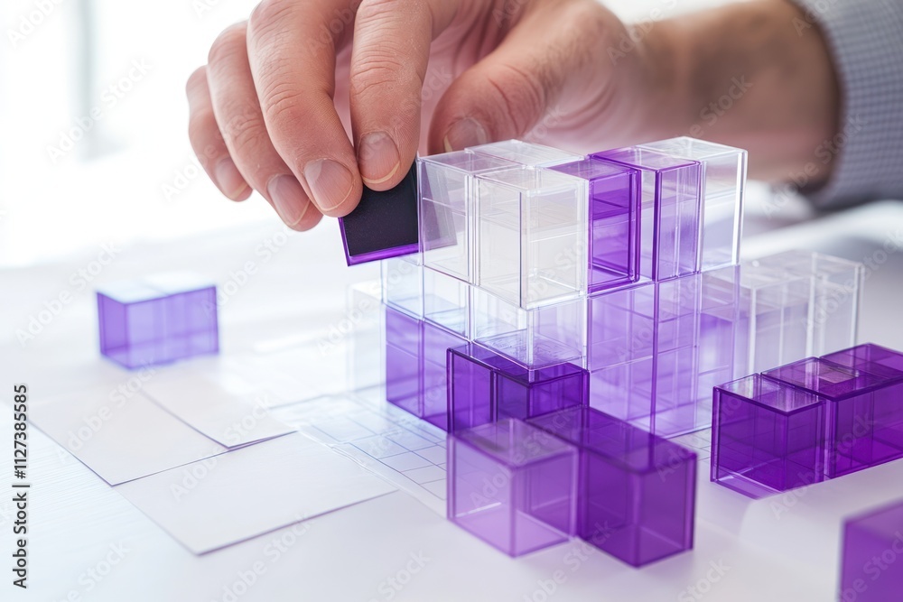 Aufkleber a hand assembling transparent purple blocks into a structured arrangement on a surface.